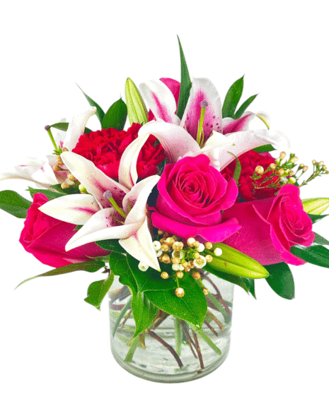 Bouquet of pink flowers in a bubble bowl vase