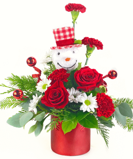 holiday flower arrangement designed to look like a snowman